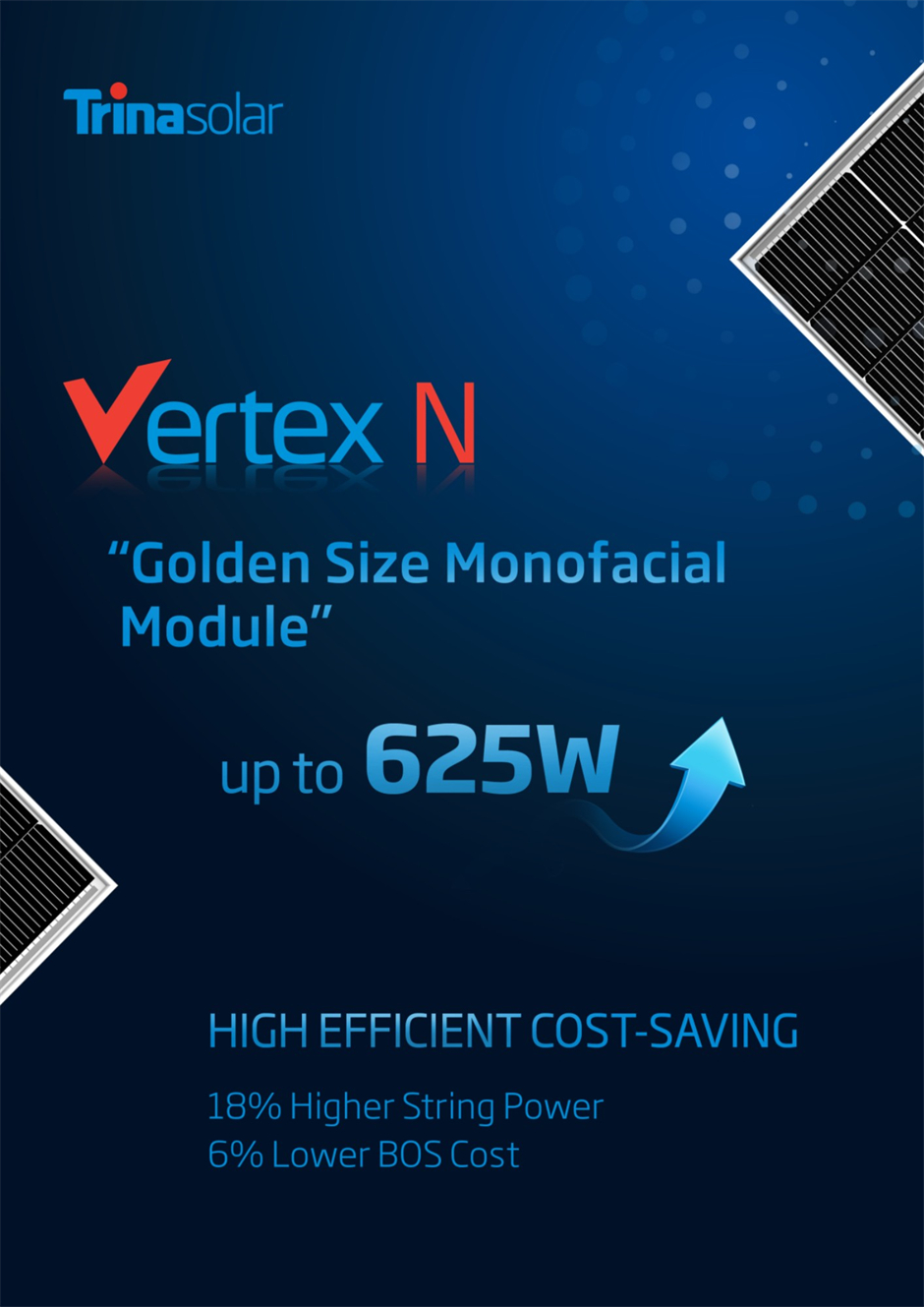 Trinasolar’s Vertex N NE19R n-type i-TOPCon monofacial solar panel delivers up to 625W power output and high cost savings. 
